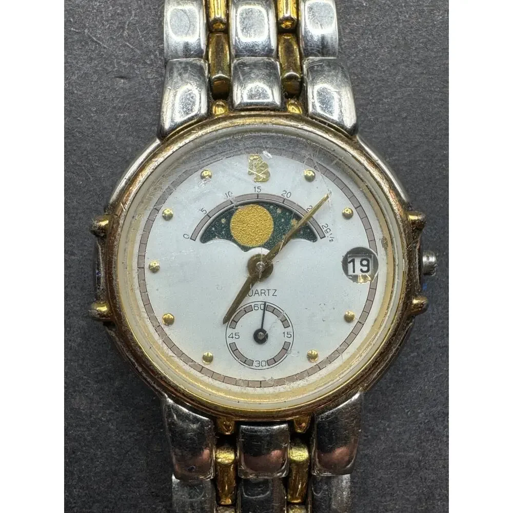 Vintage PB Quartz Moon Phase Date Two Tone Stainless Steel Watch 5ATM